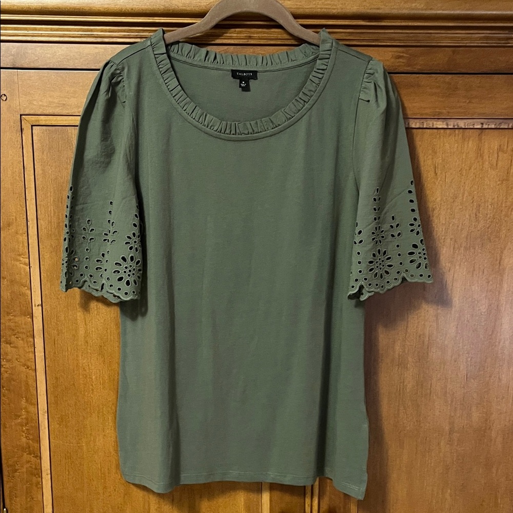 Talbots Olive Eyelet Sleeve Shirt . Size M . NWOT